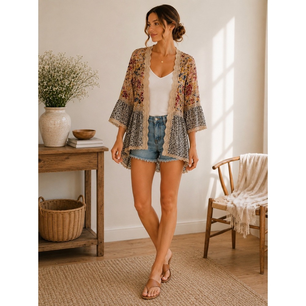 POL Womens Floral Mixed Print Kimono Cardigan Lace Trim Bell Sleeve Tan Small